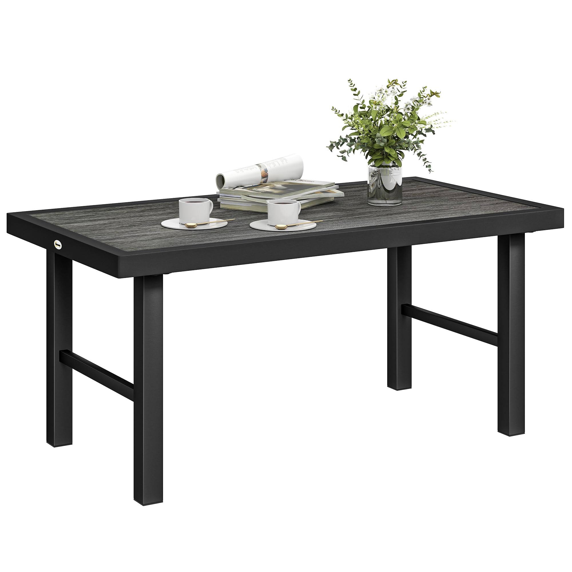 Outsunny Metal Garden Coffee Table, Outdoor Side Table with SPC Woodgrain Tabletop for Outside, Garden, Balcony, Porch, 100 x 52 x 46cm, Dark Grey