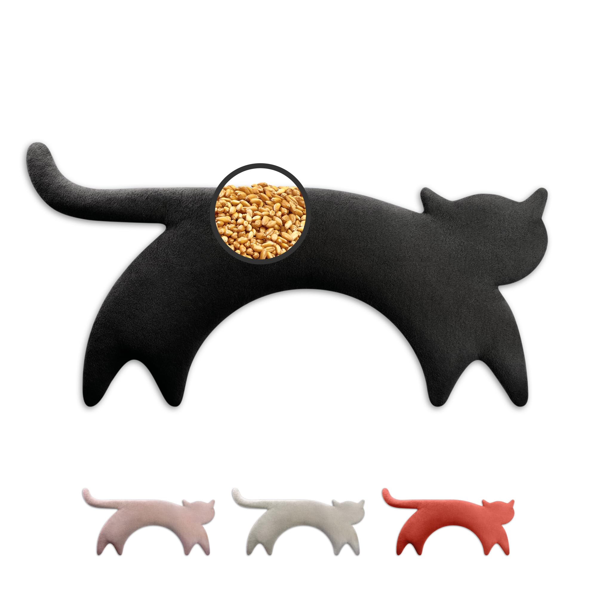 LESCHI Cuscino cervicale termico per microonde - In cotone bio con grano biologico - Cuscino riscaldante ideale per sciogliere tensioni a collo, spalle e schiena - Gatto, nero