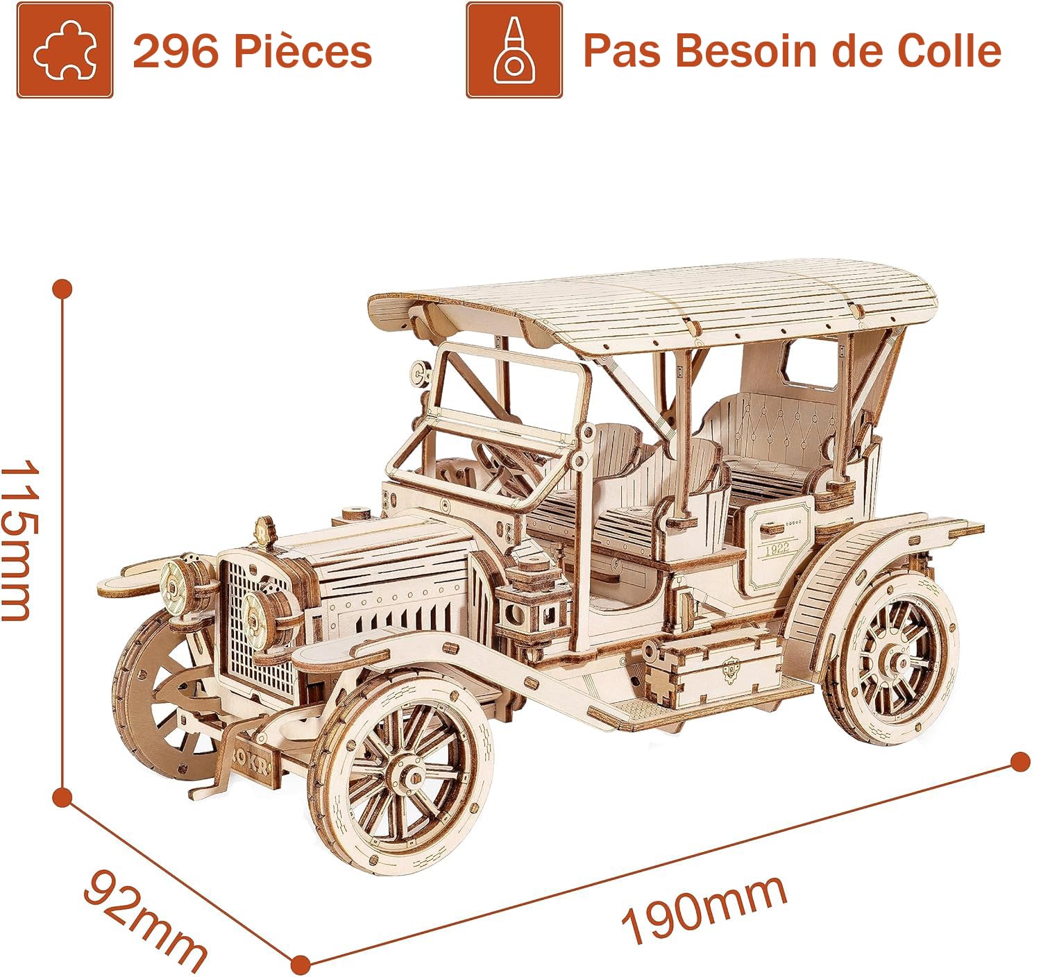 ROKR Puzzle 3D Bois Maquette en Bois a Construire,Vintage Car,MC801 | Voiture pour Adultes, Kits de Modélisme Cadeaux d'anniversaire,