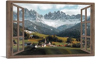 ARTCANVAS Rustic Swiss Switzerland Alps Village Farm Faux Open Window View Canvas Art Print Stretched Framed Painting Picture Poster Giclee Wall Decor - 12" x 8" (0.75" Deep)