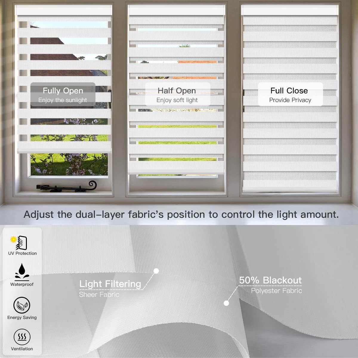Motorized Zebra Shade with Remote Control, Electric Dual Layer Sheer Roller Shade Works with Alexa Google via Hub, Smart Day and Night Horizontal Blind for Windows, Customized Size (White)