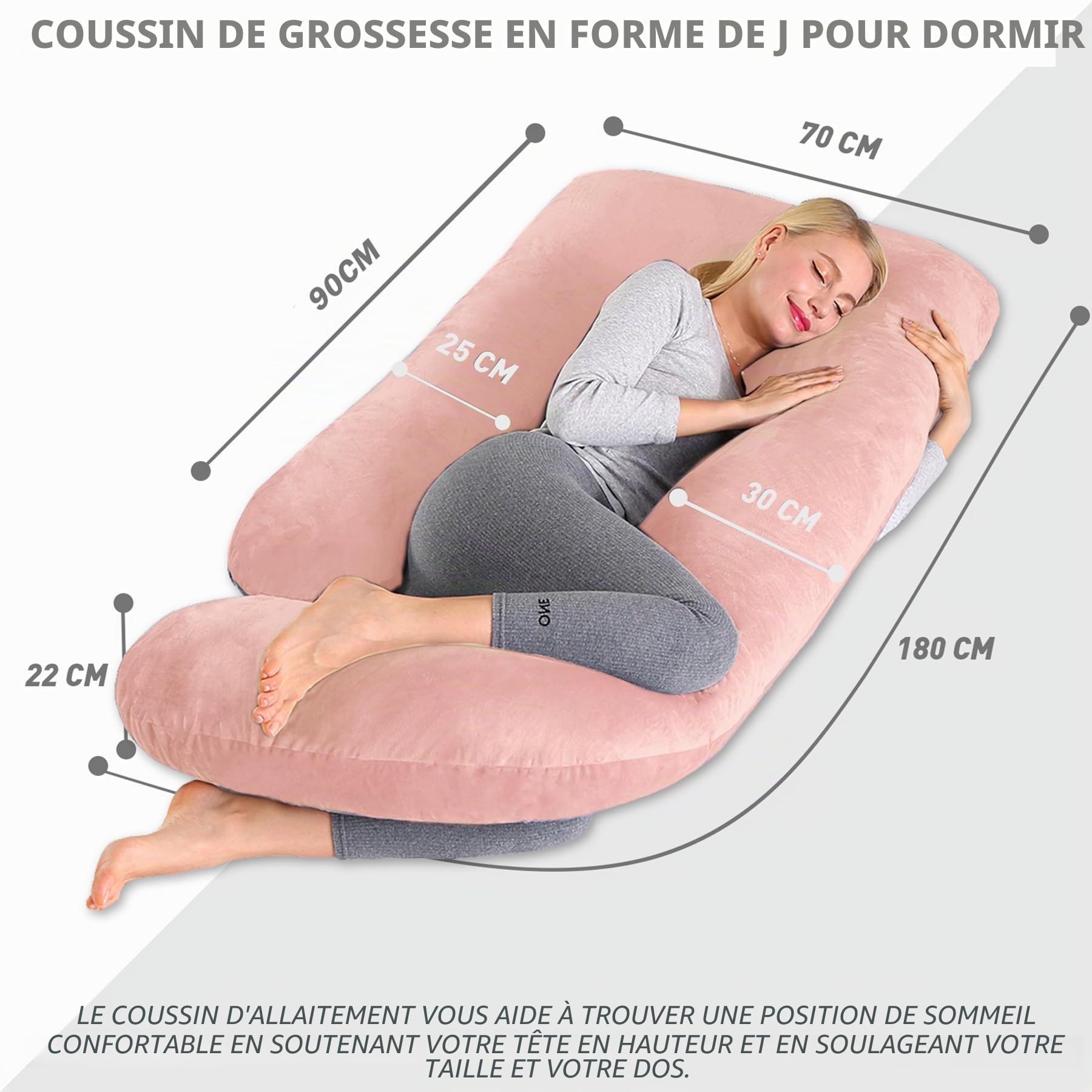 CALIYO Coussin de grossesse en forme de J - Coussin d'allaitement XXL - Coussin de positionnement latéral avec housse - Coussin de grossesse et coussin confortable pour adulte - Rembourrage en coton