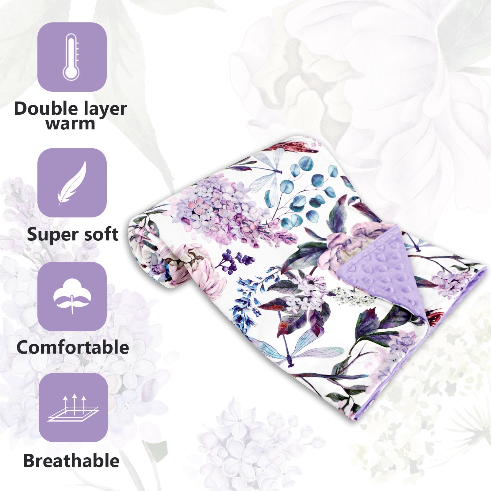 Mantas moradas para bebé, manta floral Minky para niños y niñas, respaldo punteado, doble capa, manta de recepción de cuna, para guardería, cochecito, cama de niño pequeño, asiento de coche