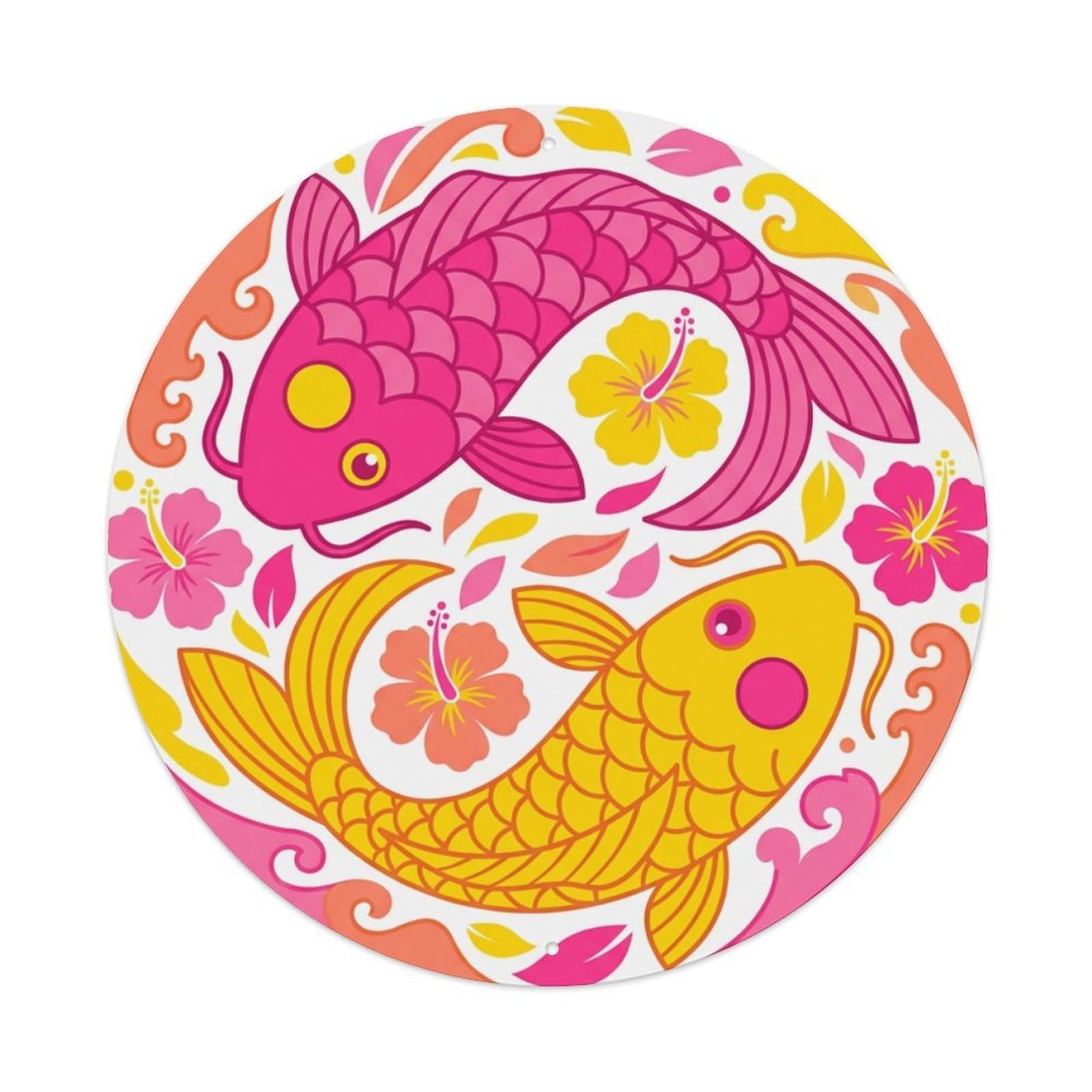 Metal Tin Sign Tai Chi Koi Fish Hibiscus Flower Art