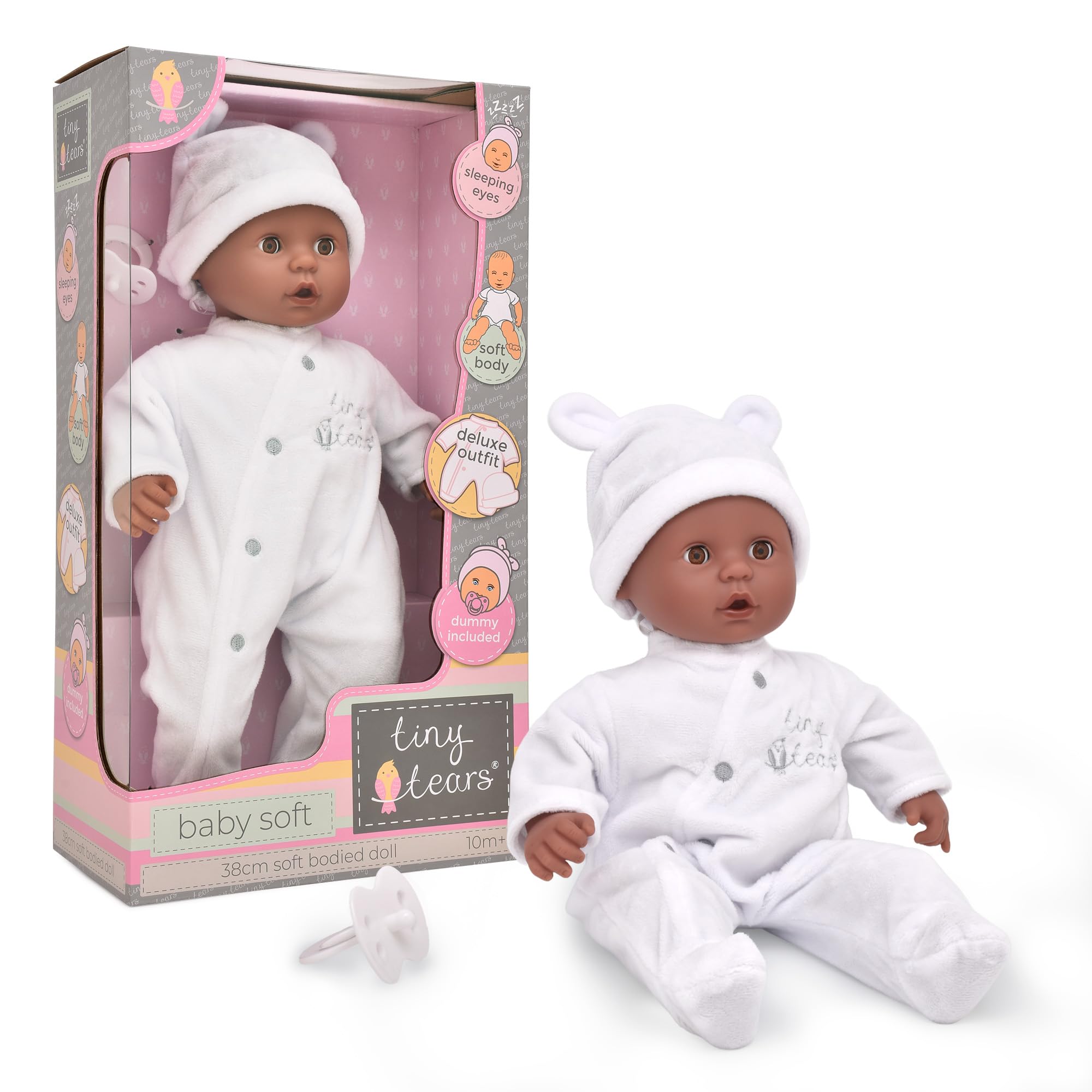 John Adams Tiny Tears Baby Soft Doll 15" (38 cm) - Black/Dark Skin | Soft Bodied Baby with Closing Eyes & Dummy | Deluxe White Outfit | Cuddly First Doll Set | Toy for Toddlers Age 10 Months+