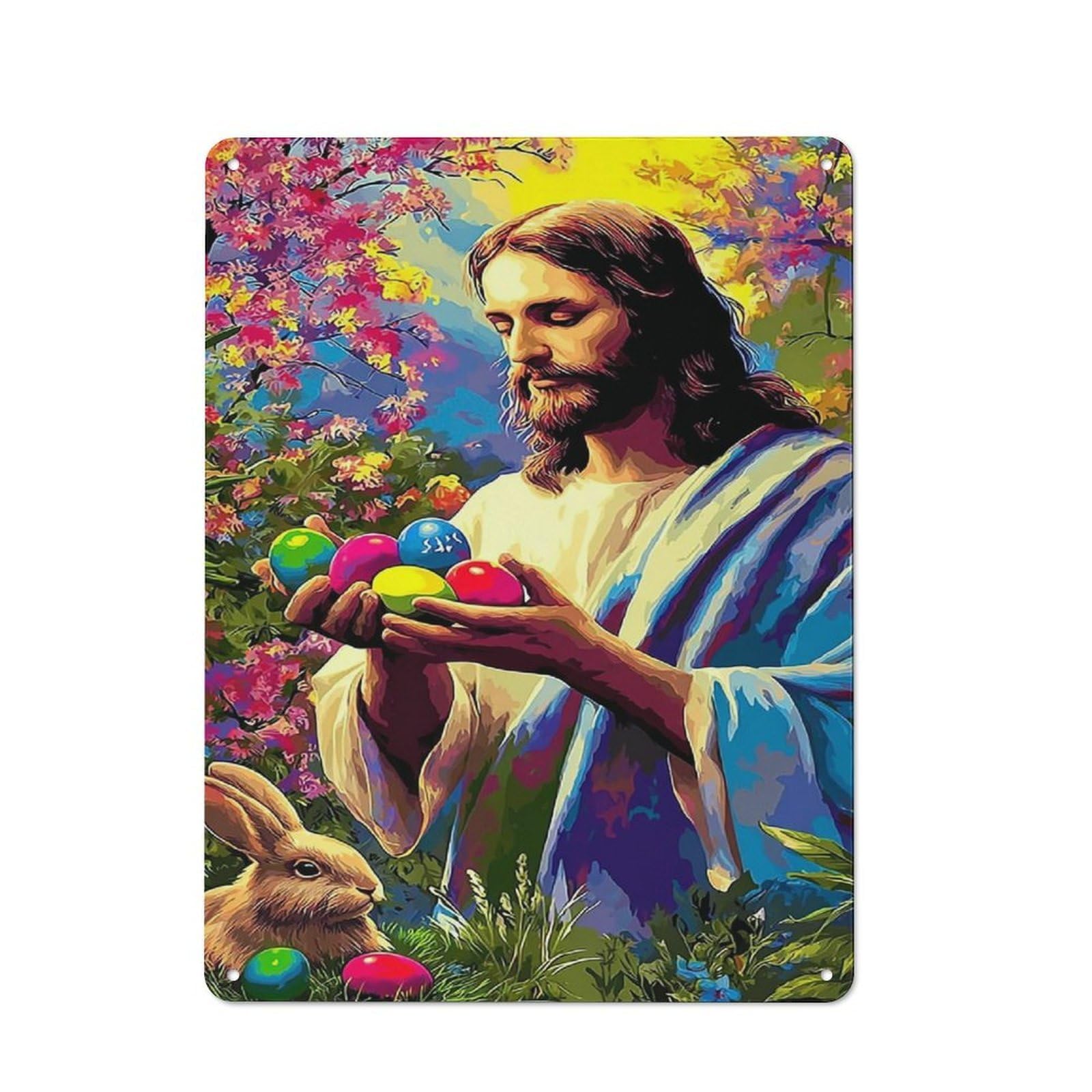 Country Metal Sign with Jesus with Easter Eggs And Bunny -2 Design 40x30cm, Farmhouse Farmhouse Wall Decor for Kitchen, Cottage, Porch Or Garden Room