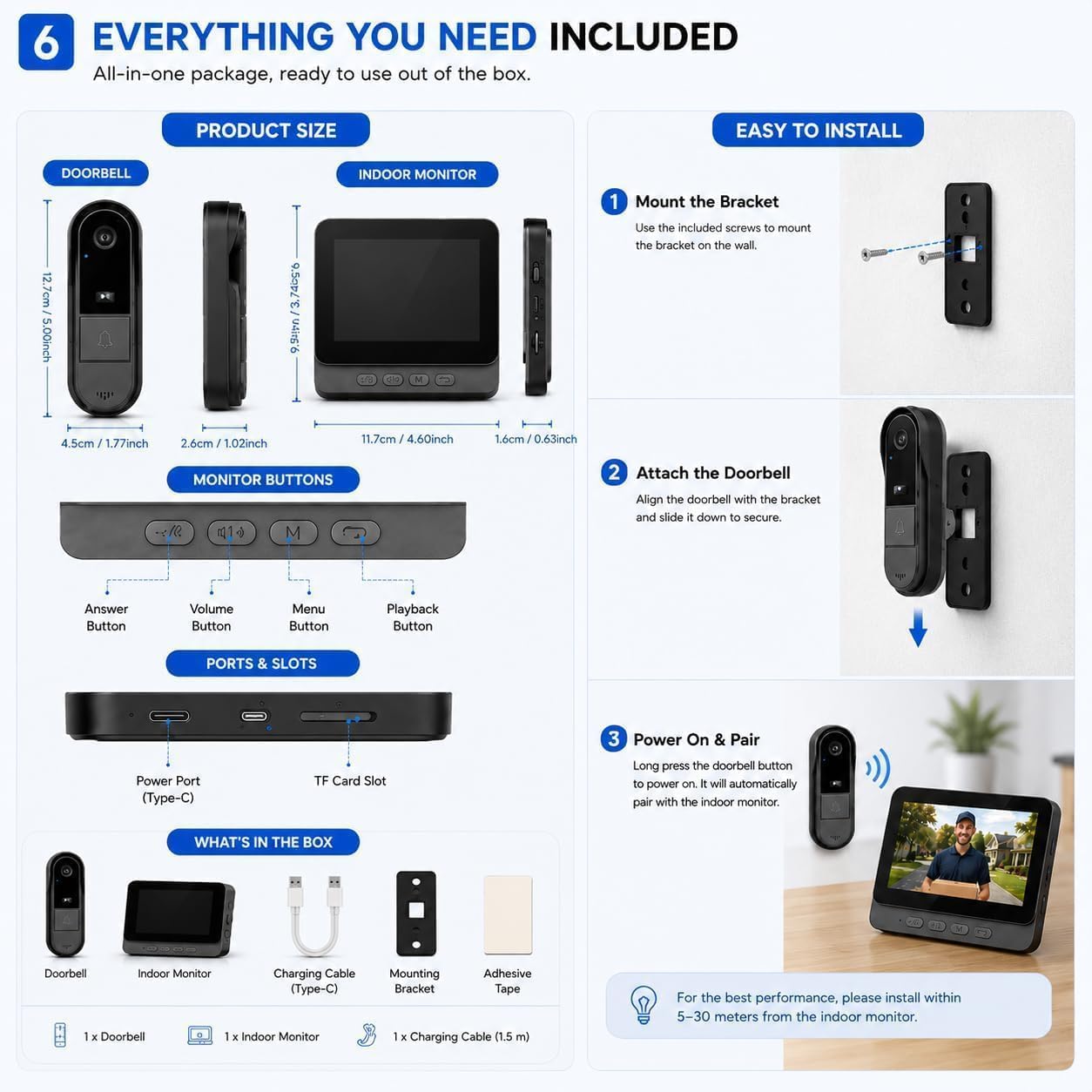 Winnes Video Campanello Senza Fili,Video Spioncino Digitale 1080P 4,3" Display Videocitofono Bidirezionale Visione Grandangolare a 170° Impermeabilità IP65,Visione Notturna Telecamera