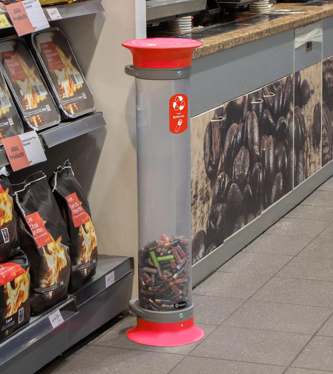 C-Thru 15Q Battery Collection Tube (Red) – Recycling Bin for Used Batteries - Transparent & Red Polycarbonate – 15Q Battery Recycling Container