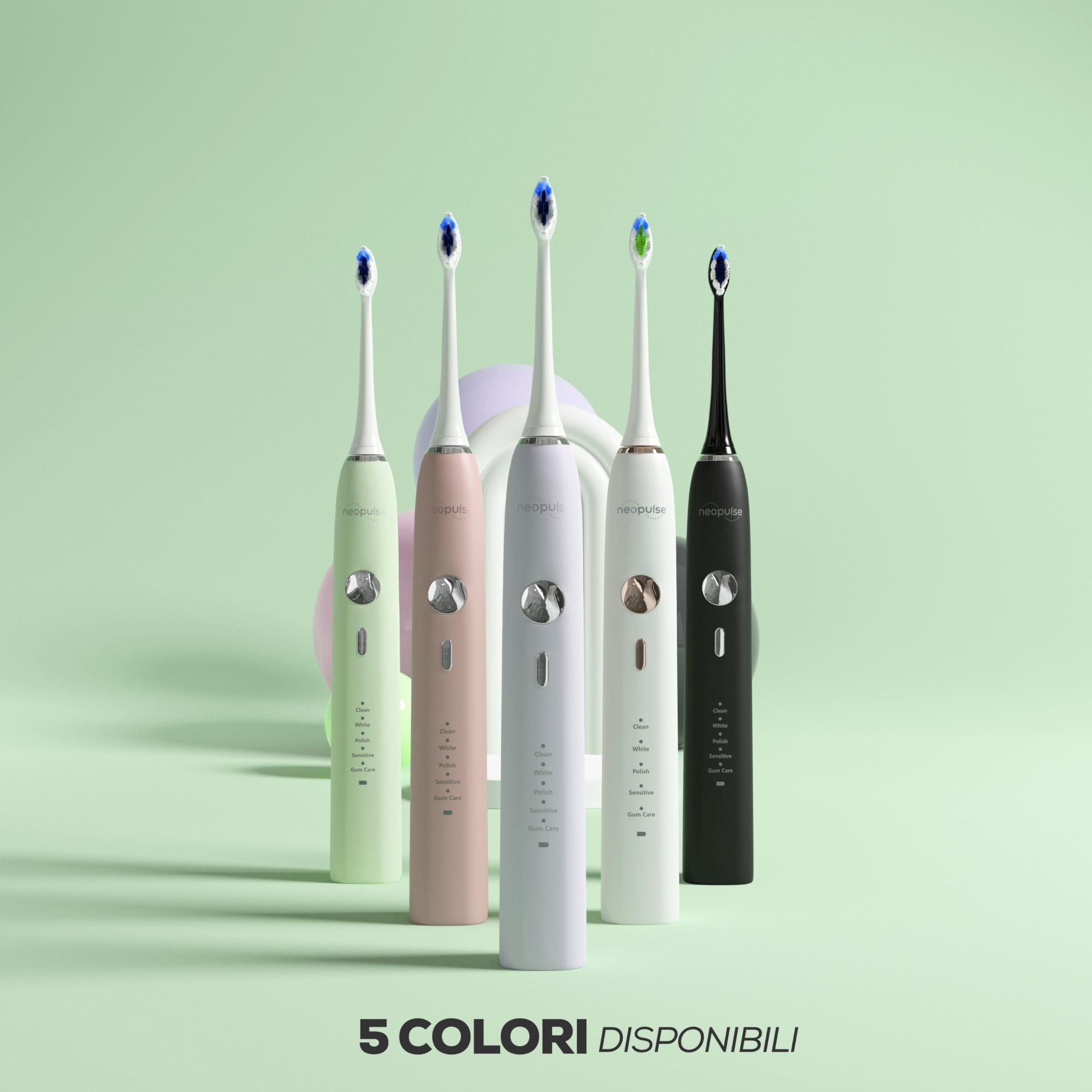 NEOPULSE NEOSONIC® Spazzolino Elettrico Sonico – 5 Modalità e 3 Intensità (15 impostazioni) – 3 mesi di autonomia – Timer 2 minuti – Ricarica USB-C – 2 Testine – Verde