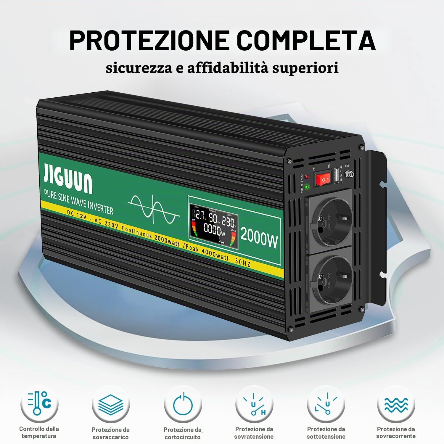 JIGUUN 2000W inverter 12v 220v onda pura Trasformatore con 2 prese EU e una porta USB 2.4A Telecomando senza fili e display LCD Potenza di picco 4000W per camion camper emergenza