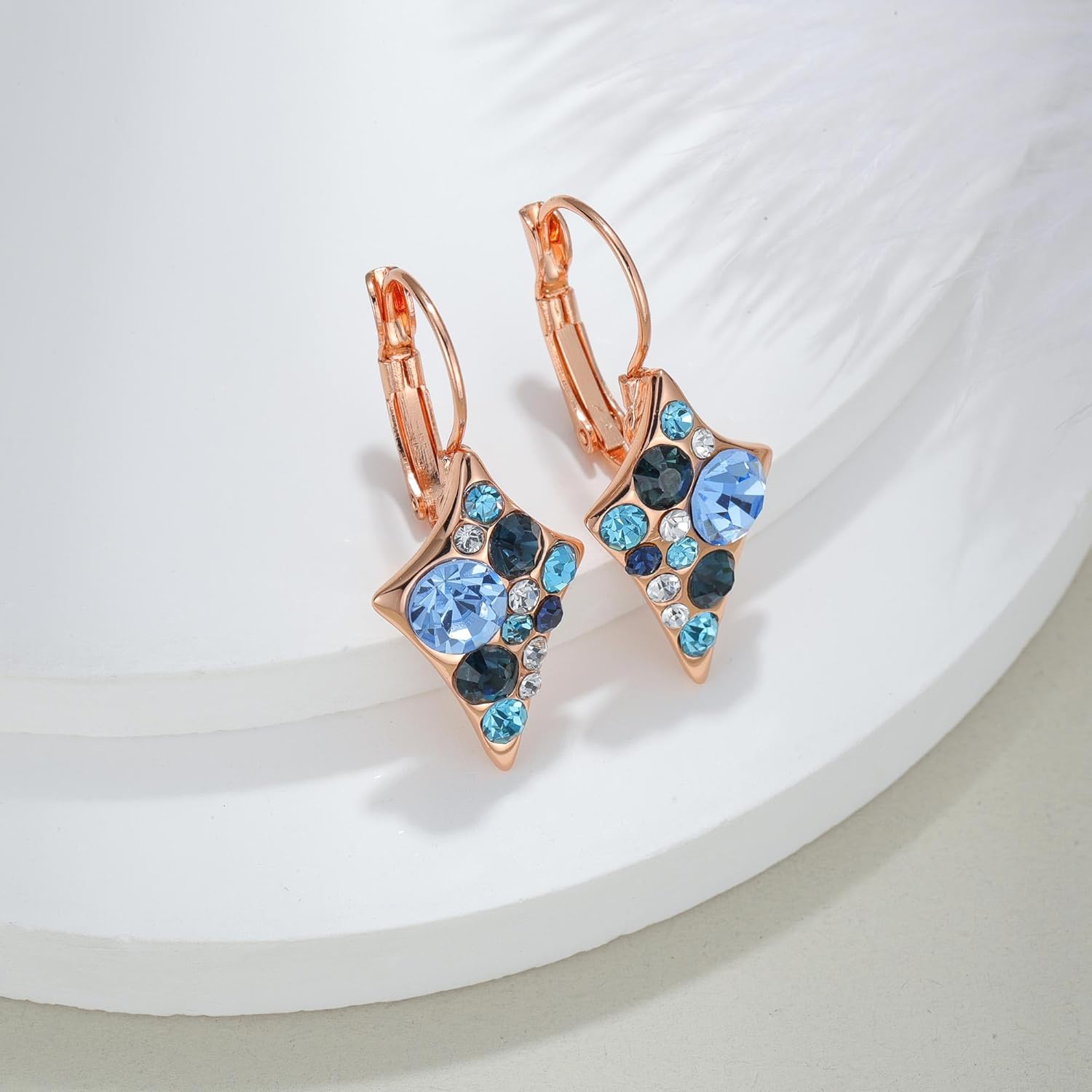 Multicolored Austrian Crystal Rhombus Drop Earrings for Women 14K Gold Plated Leverback Huggie Earrings Hypoallergenic Jewelry Gift - Image 3