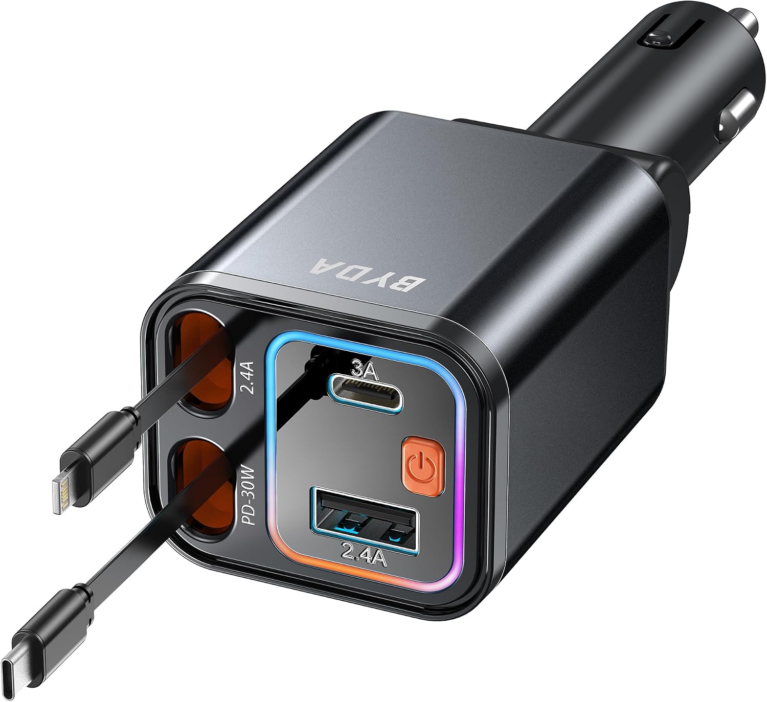 4 in 1 Retractable Car Charger,69W USB-C Fast Car Charger, for iPhone 17/16/15/14/13/12/11, Android,Pixel,Cigarette Lighter Charger (for Apple+Type C &RGB [Black])