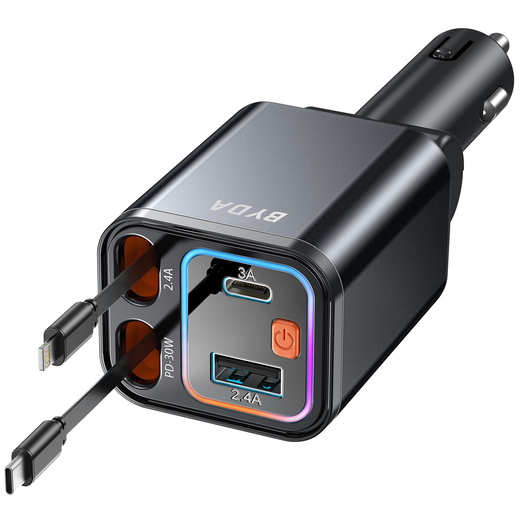 4-in-1 einziehbares Kfz-Ladegerät, 4-in-1, Schnellladegerät, USB-C-69-W-Adapter für iPhone 16/15/14/13/12, Android, 180° Verstellbarer Stecker