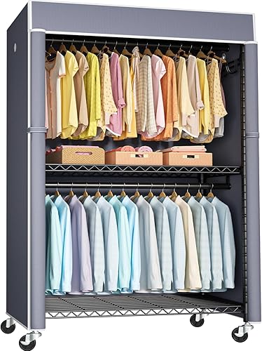 FUTASSI Perchero negro con cubierta gris, armarios con ruedas P1C Plus, perchero de metal para colgar ropa, armario de almacenamiento de ropa, 46