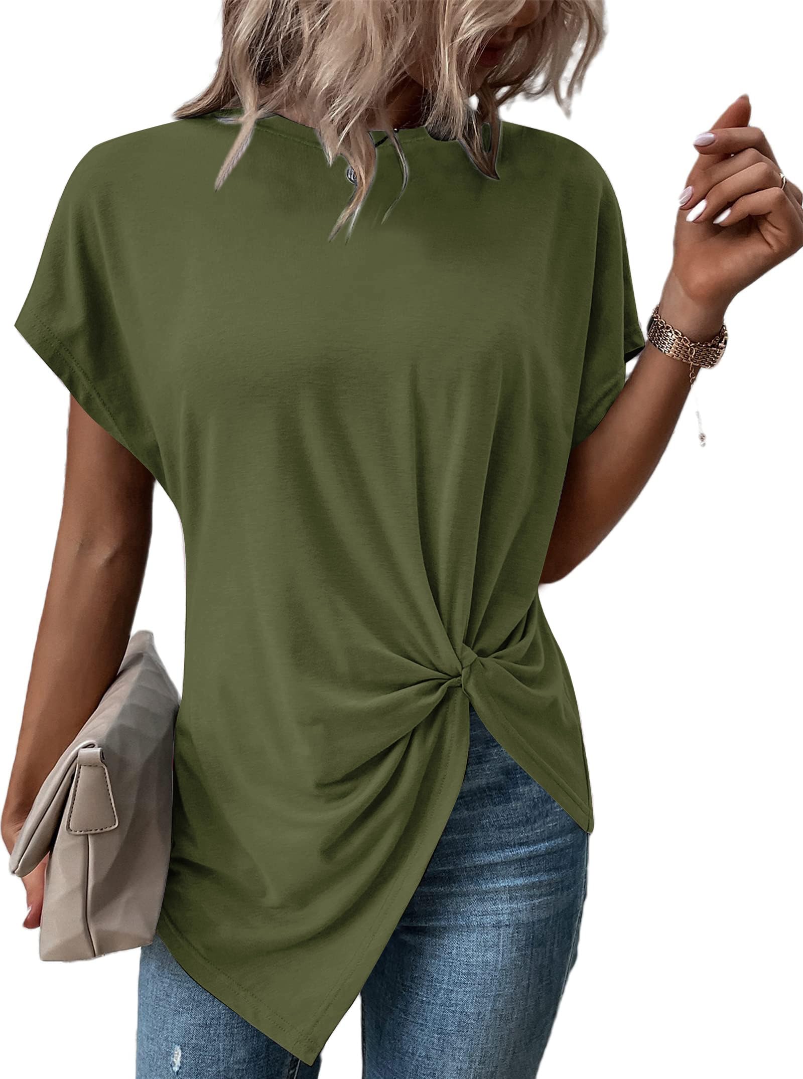 Remidoo Asymmetrical Tops for Women Twist Front Top Crewneck Knot Short Sleeve T Shirts