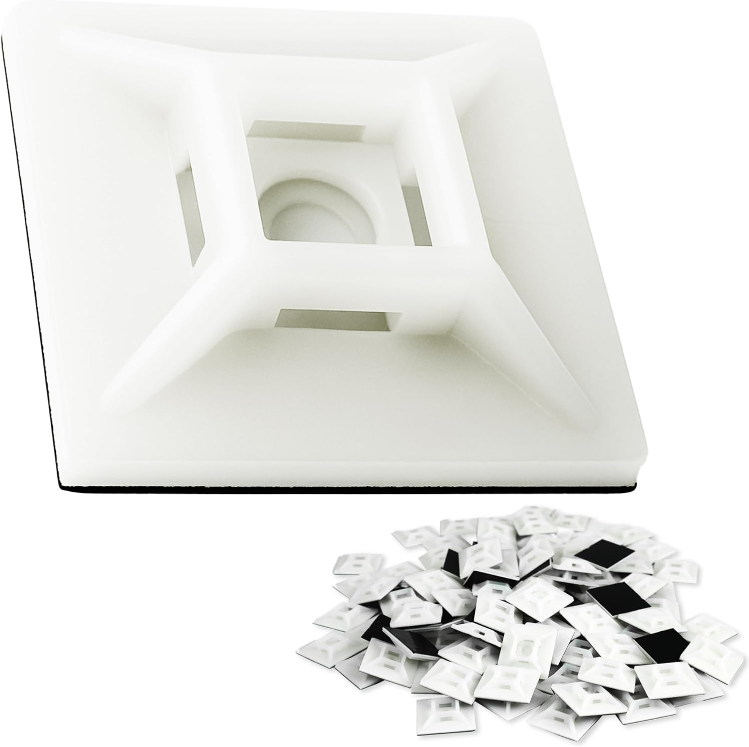Large, Premium Zip Tie Adhesive-Backed Mounts 100 Pk by Phyxology Supply. Pro-Grade, UV White Cable Tie Bases: 1.1 in x 1.1 in. Screw-Hole Anchor Point Gives High-Strength Durability for Long-Term Use