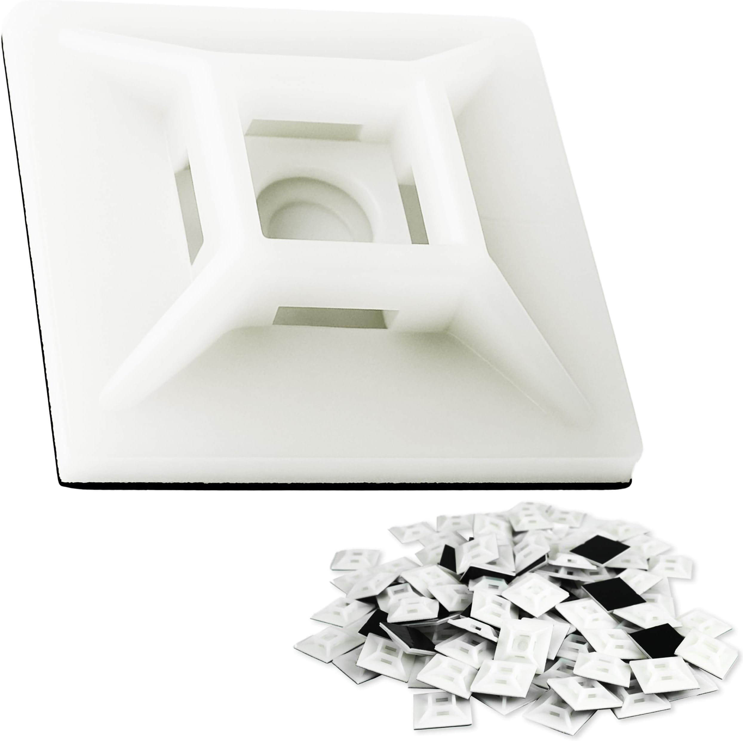 Large, Premium Zip Tie Adhesive-Backed Mounts 100 Pk by Phyxology Supply. Pro-Grade, UV White Cable Tie Bases: 1.1 in x 1.1 in. Screw-Hole Anchor Point Gives High-Strength Durability for Long-Term Use