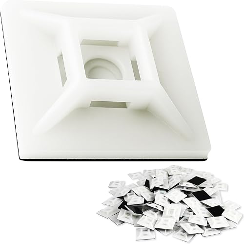 Large, Premium Zip Tie Adhesive-Backed Mounts 100 Pk by Phyxology Supply. Pro-Grade, UV White Cable Tie Bases: 1.1 in x 1.1 in. Screw-Hole Anchor Point Gives High-Strength Durability for Long-Term Use