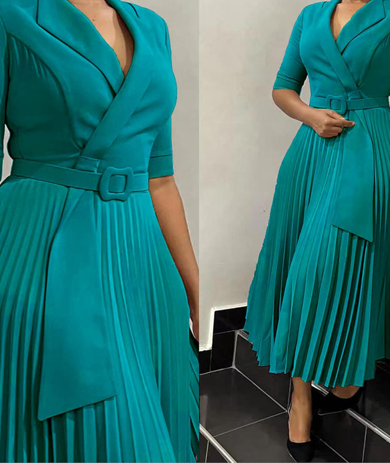 SOMTHRON Women's Elegant 3/4 Sleeve Blazer Dress V Neck Lapel Pleated Business Work Swing Midi Dress with Belt