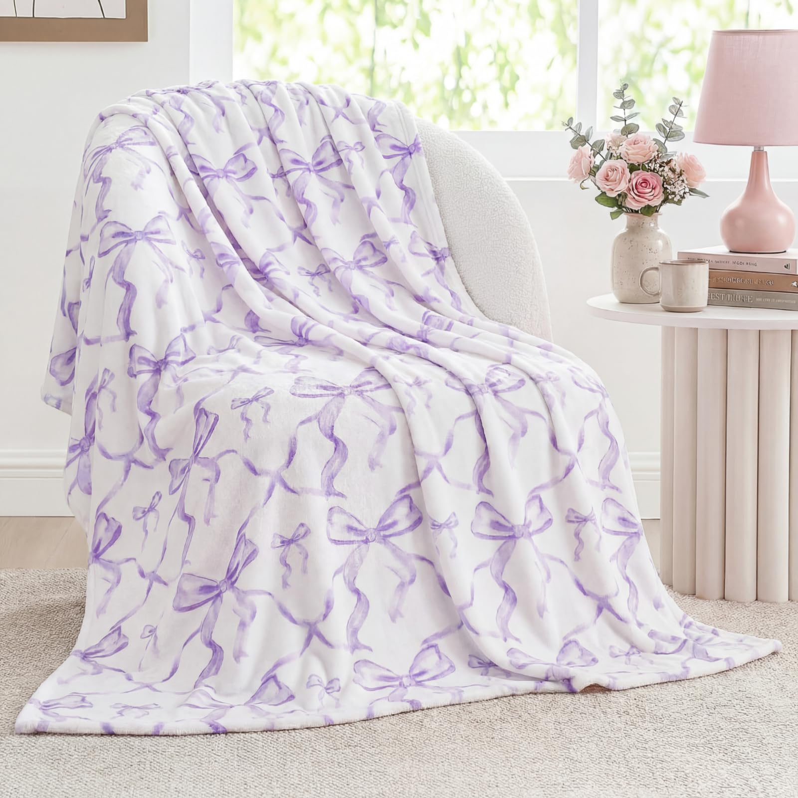 Buryeah Purple Bow Throw Blanket Valentine's Day Galentines Day Gifts Preppy Blanket Coquette 50 X60 Flannel Soft Cute Bow Lightweight Aesthetic Room