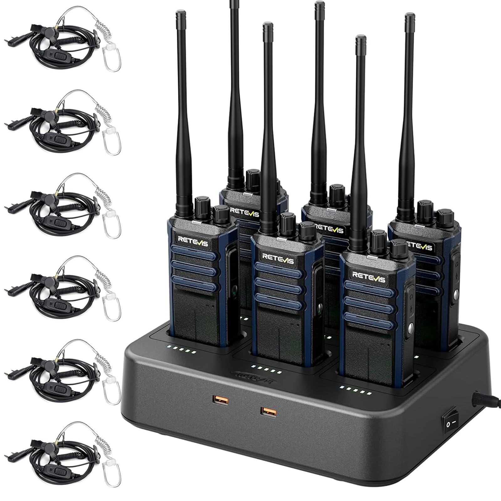 Retevis RT86A Long Range Walkie Talkies with Earpiece, High Power GMRS Two Way Radio with 6 Way Charger, Group Call, Easy Pairing, Waterproof Durable 2 Way Radio for Construction, Industry(6 Pack)