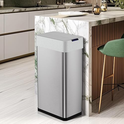 Miniatura 9 de Arlopu Basurero automático de 18.5 galones, cubo de basura con sensor de movimiento de acero inoxidable de 70 L, papelera cepillada sin contacto,