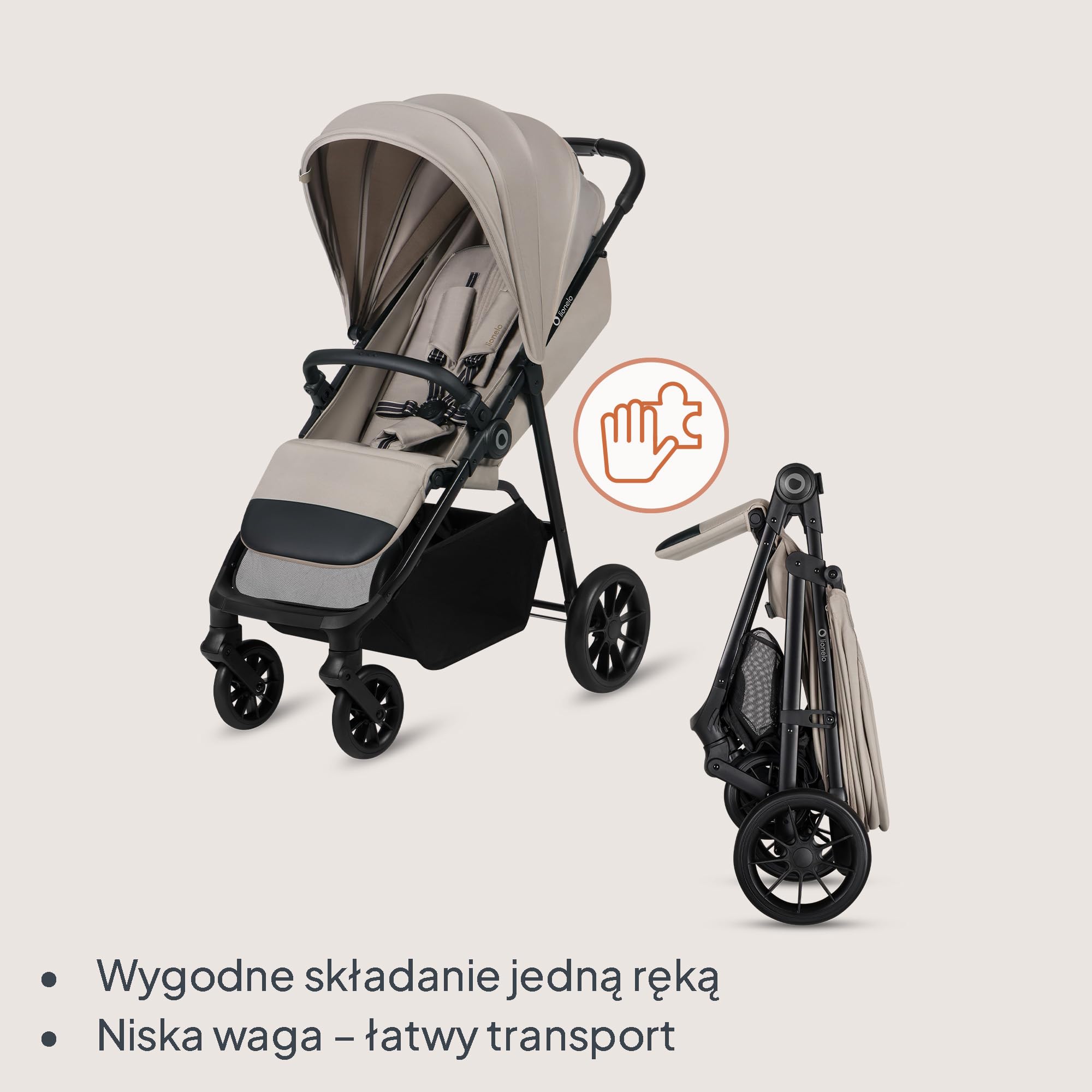 Lionelo Emerald Buggy do 22 kg, 6 miesięcy – 4 lata, koła EVA 360° ze sprężyną, składane jedną ręką, powierzchnia do leżenia 91 cm z regulowanym oparciem, wodoszczelny daszek UPF50+, duży koszyk na