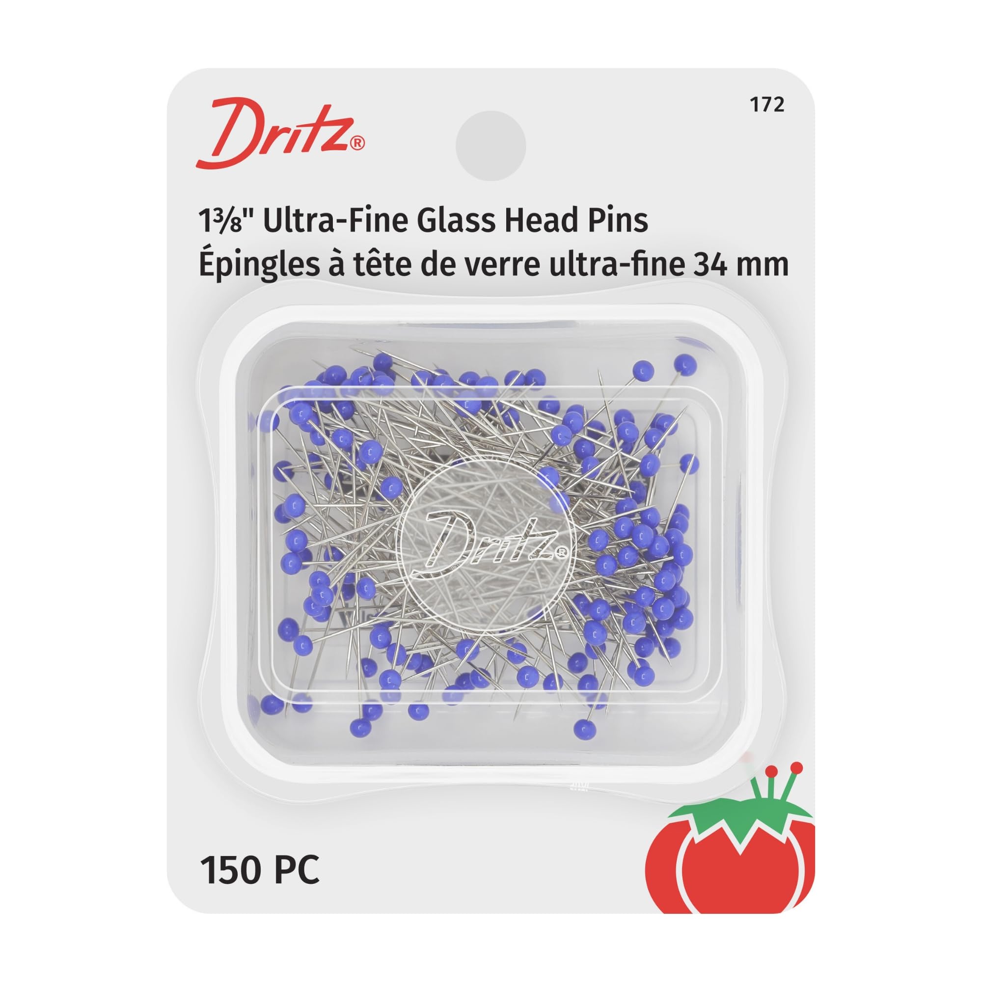 Dritz 172 Glass Head Pins, Ultra Fine, 1-3/8-Inch (150-Count) , Blue