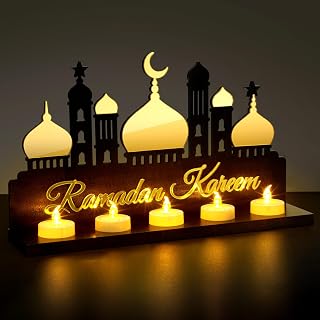 Islamic Decorations Islamic Candle Holder with LED Tea Candles Wooden Acrylic Islamic Tabletop Decors Ramadan Kareem Eid Mubarak Sign Muslim Gifts for Home Table Party Decorations(Classic)
