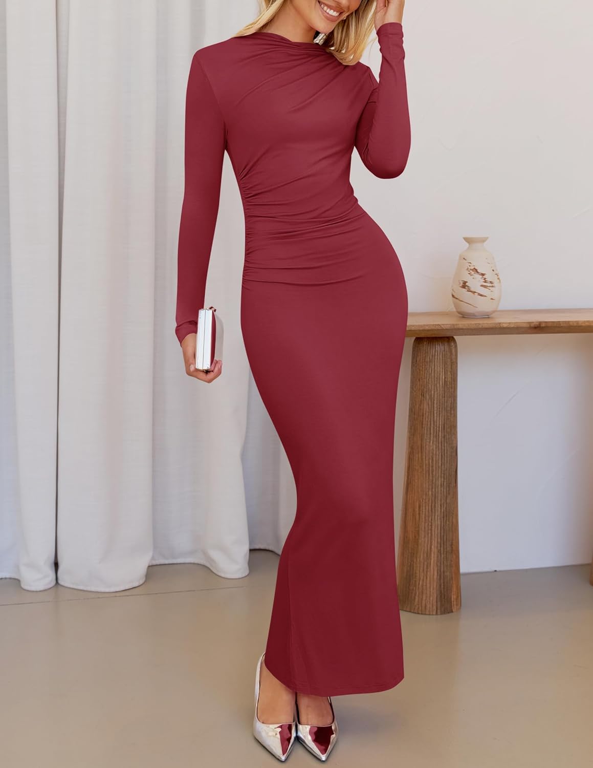 ZESICA Women's Fall 2026 Long Sleeve Bodycon Maxi Dresses Sexy Ruched Crew Neck Slim Fit Cocktail Party Dress - Image 3