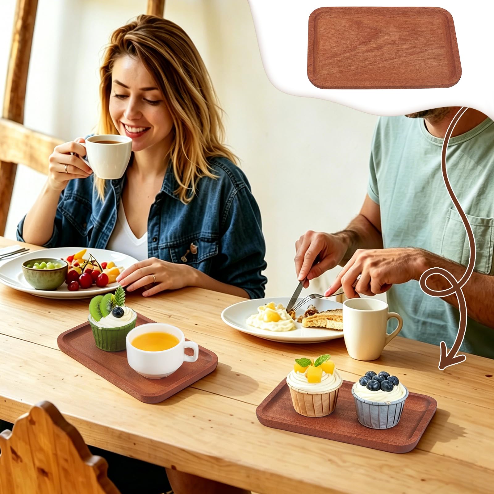 8 bandejas y bandejas de madera maciza, bandeja rectangular para servir con borde, bandeja de madera de 20,2 x 13,1 x 1,4 cm, tabla de charcutería, plato de queso para queso y frutas
