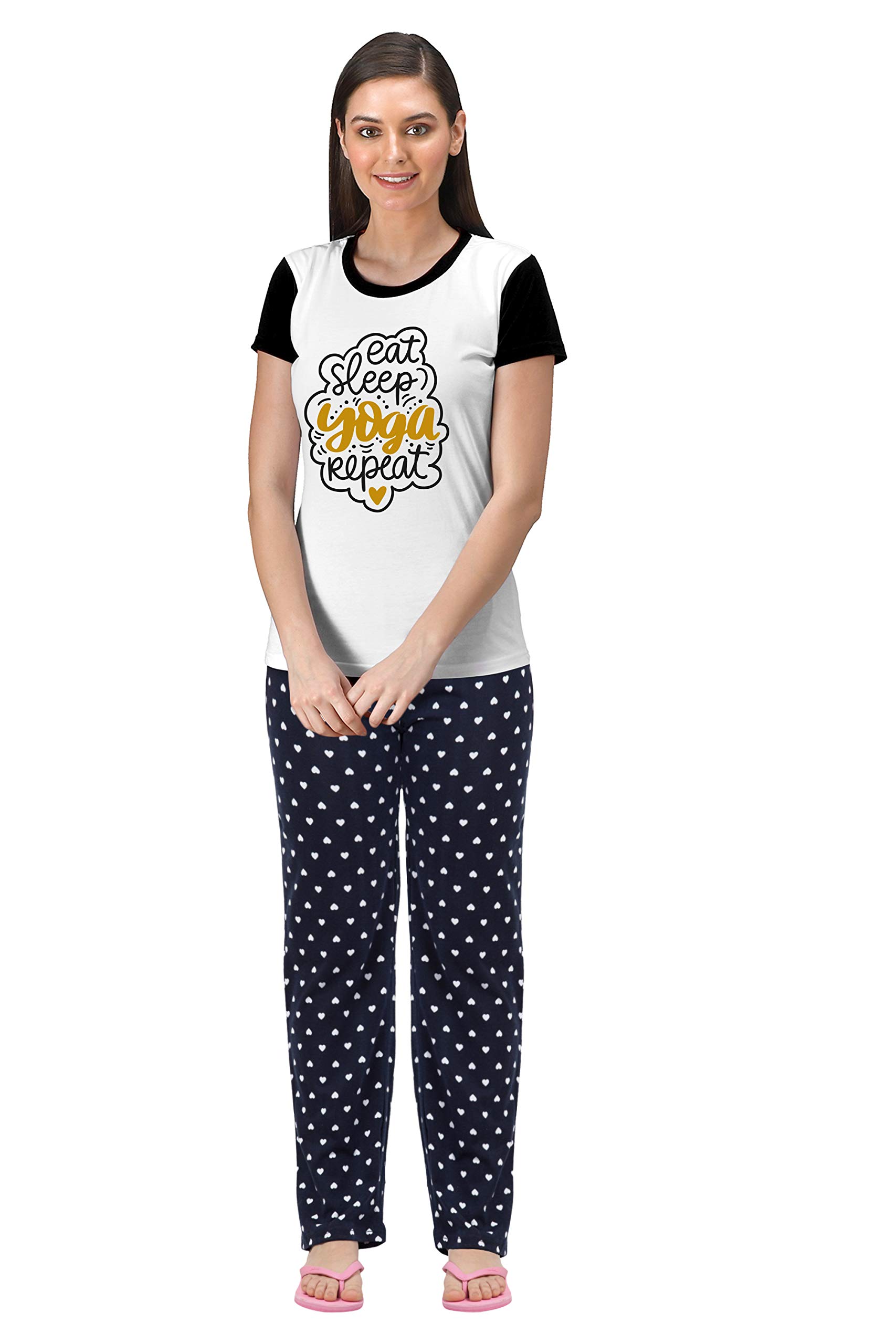 FflirtygoTop and Pyjama Set for Women Lounge Wear,Night Wear� Top & Pyjama Set -Printed Pure Cotton, Eat Sleep Yoga Repeat On White Top with Blue Pyjama Night Suit Set for Women