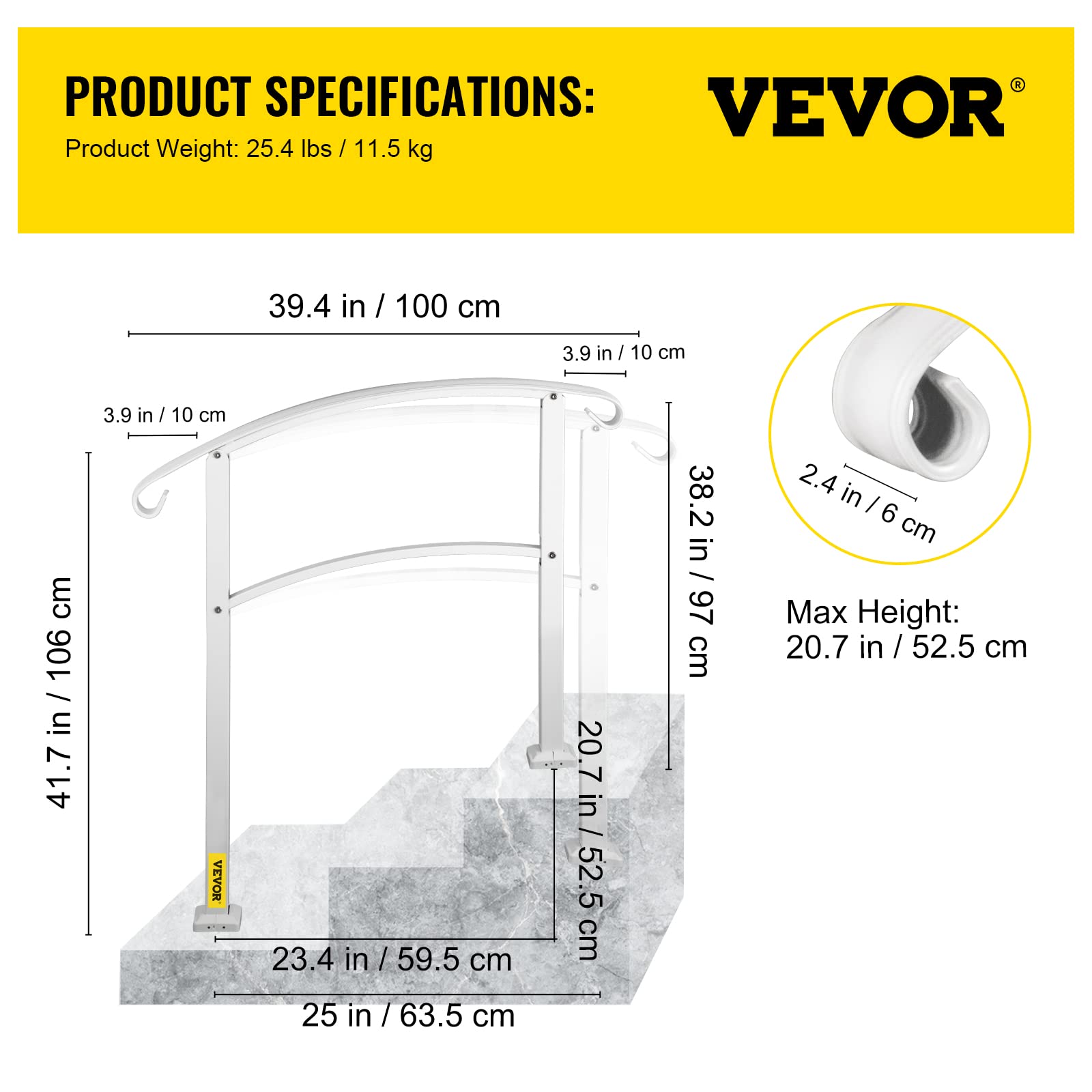 VEVOR Rampe d'Escalier pour 3 Marches Extérieures Main Courante Escalier en Fer Forgé Hauteur Maximale des Marches 52,5 cm Rampe Extérieur pour Porche, Marches en Béton, Brique, Jardin, Hôtel, Blanc