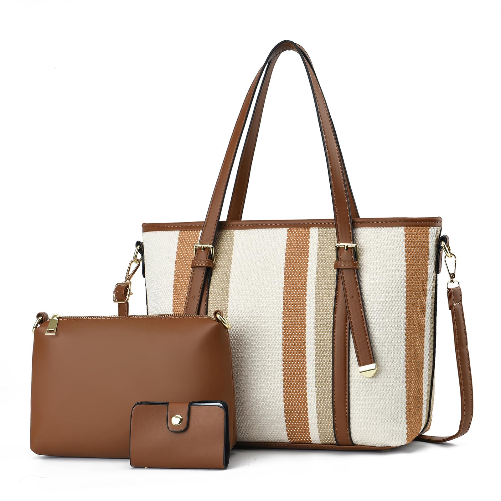 NICOLE & DORIS Ensemble Sac à Main Sac Fourre Tout Rayé Grand Sac Bandoulière Cabas Sac D'épaule Cuir PU 3 Pièces Sac avec Portefeuille pour Travail Shopping Voyage