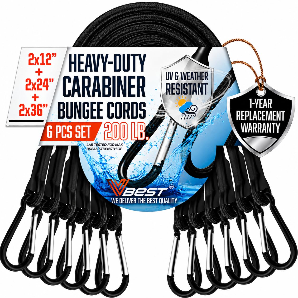 Bungee Cords with Carabiner Hooks - 6Pcs Heavy Duty Outdoor Bungees