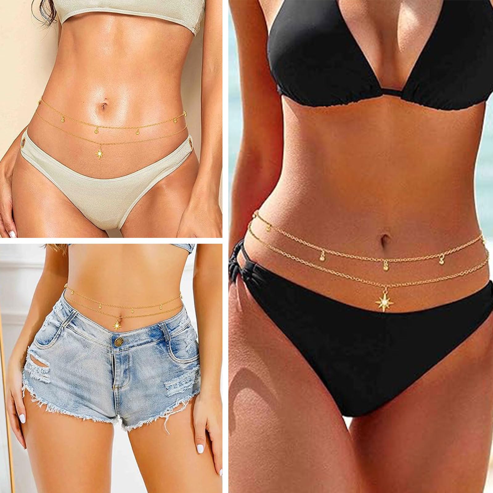 BelleVive Cadena de cintura de perlas de doble capa chapada en oro de 18 quilates Cadena de cuerpo estilo bikini para mujeres Accesorio de joyería de playa ajustable