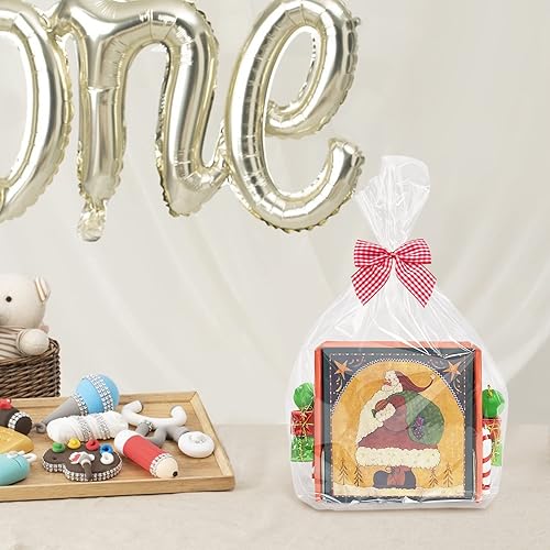 Miniatura 6 de Morepack Bolsas de celofán de fondo plano, 100 bolsas de regalo de celofán de fondo plano transparente de 10 x 4 x 14 pulgadas con lazos giratorios,