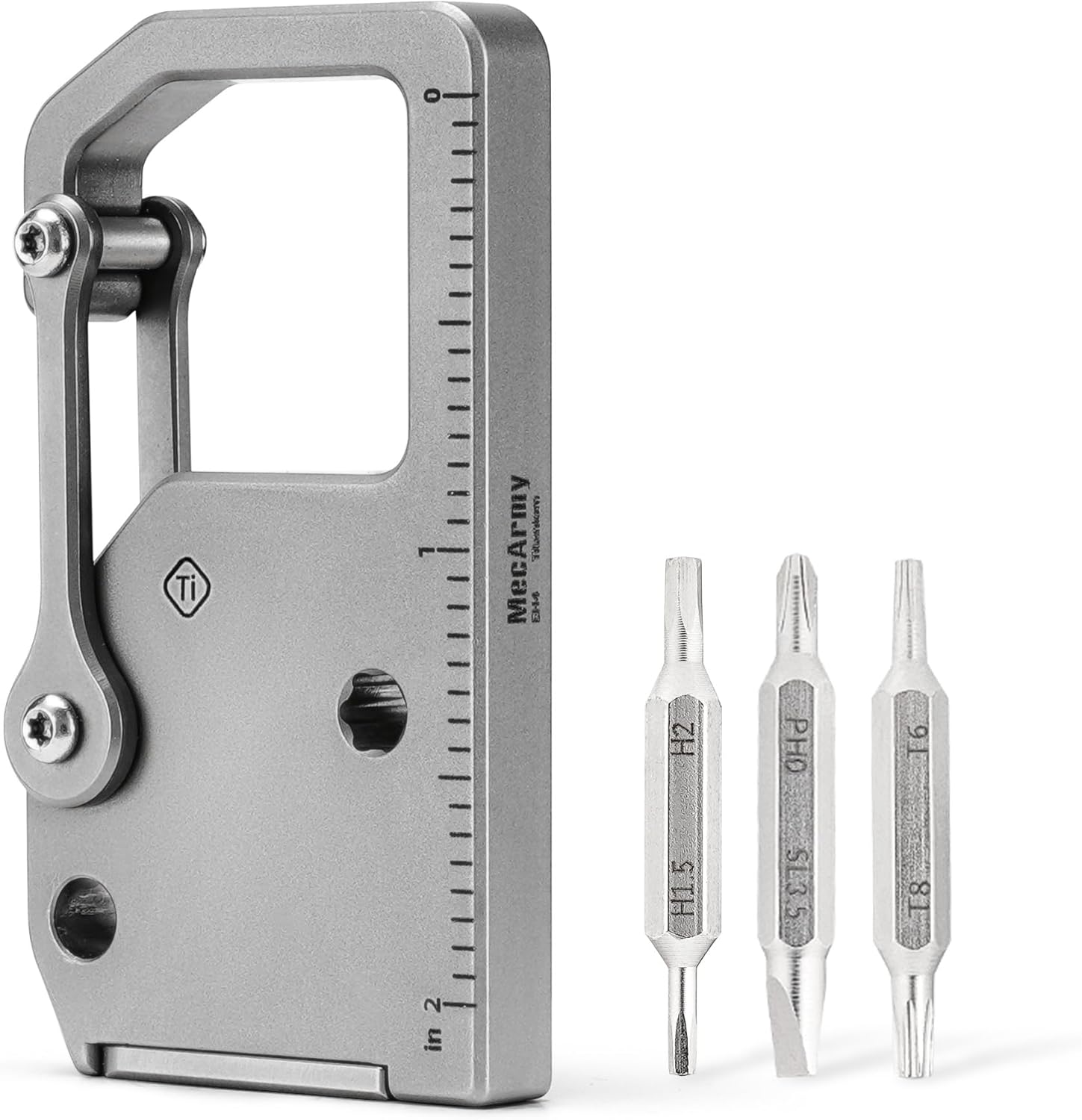 MecArmy EH4 Titanium 4-In-1 Multitool Pocket Screwdriver with 3 Double-ended Bits Carabiner Ruler, Versatile Quick Release EDC Keychain Multi Tool for Home Outdoors Mini Screwdriver Multipurpose Tool
