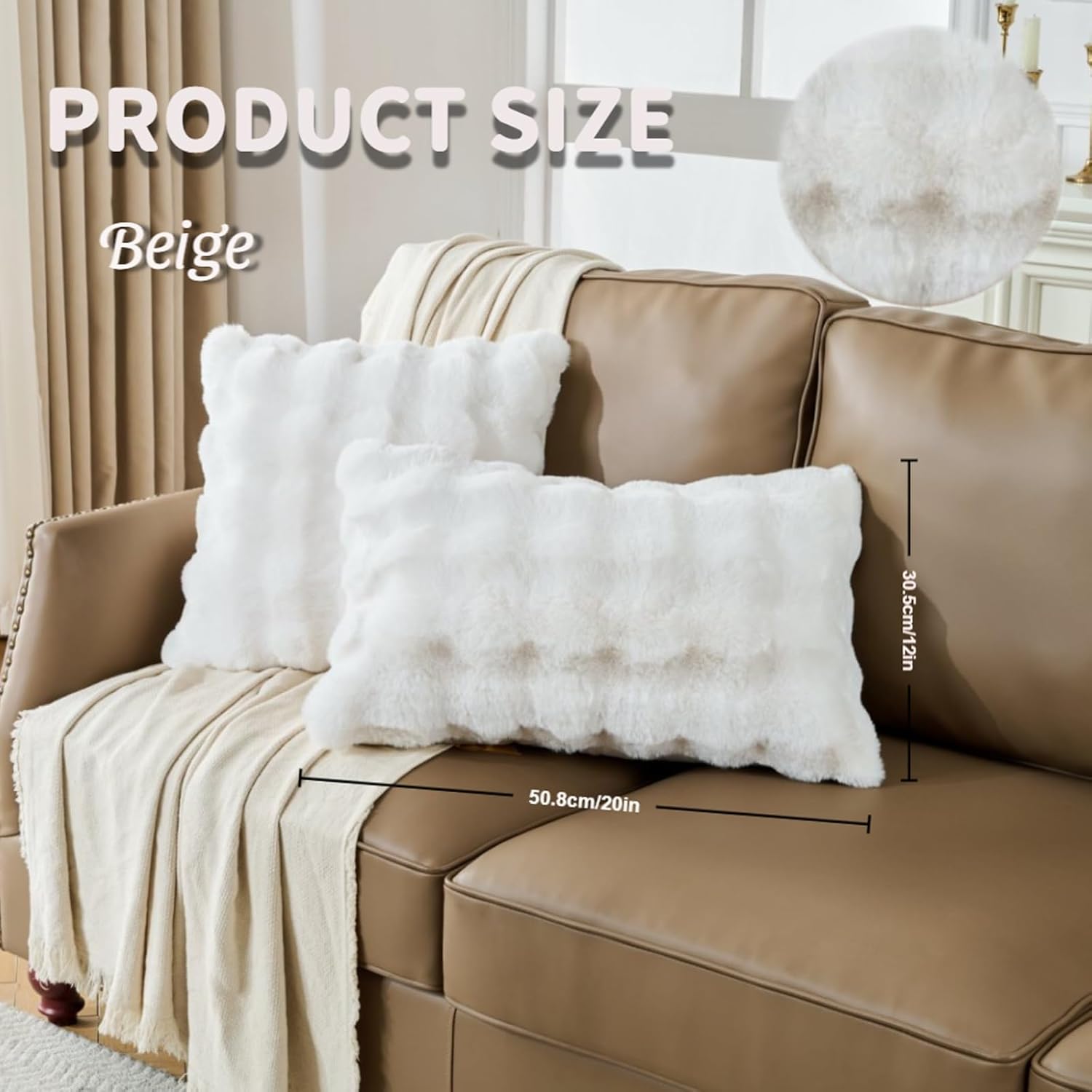 Beige Print Faux Fur Fluffy Pillowcases,Plush Shaggy Soft Pillow Cover, Fuzzy Decorative Cushion Pillow Cases, Furry Pillow Shams for Bed Sofa Bedroom,Set of 2-20x26 Inch