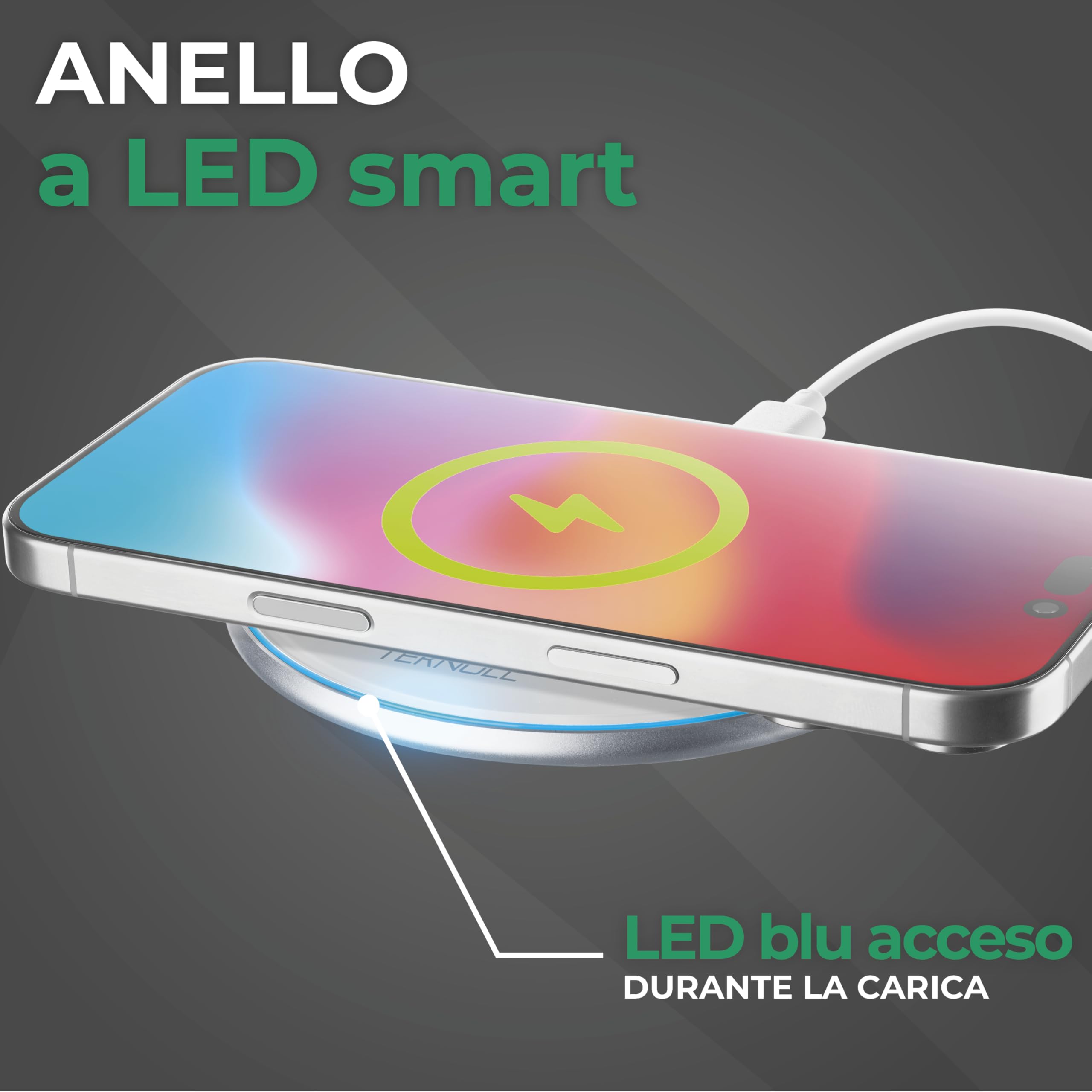 Caricatore Wireless 15W, Pad di Ricarica Rapida con LED Circolare Indicatore, Cavo USB-C 160cm Incluso, Compatibile con Smartphone Wireless, Design Ultra Sottile e Sicuro