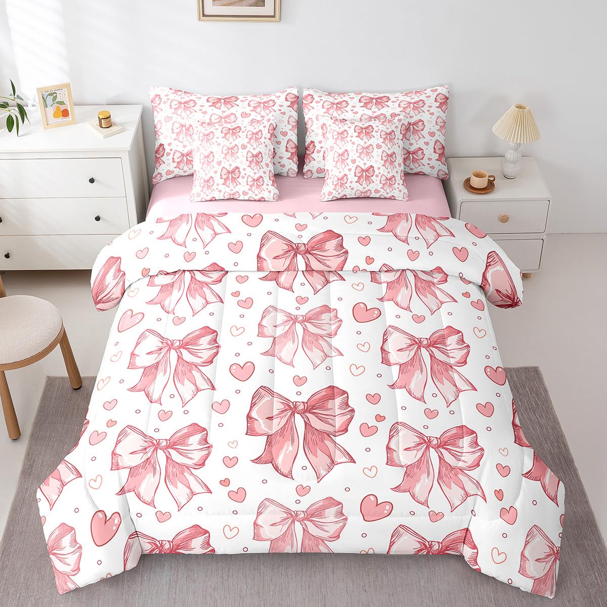 Erosebridal Cartoon Bow Bedding Set Cute Kawaii Bowknot Full Comforter Set 7 Piece Dreamy Princess Bow Bed in A Bag Watercolor Ribbon Butterfly Knot Bed Set for Kids Girls Teen Women
