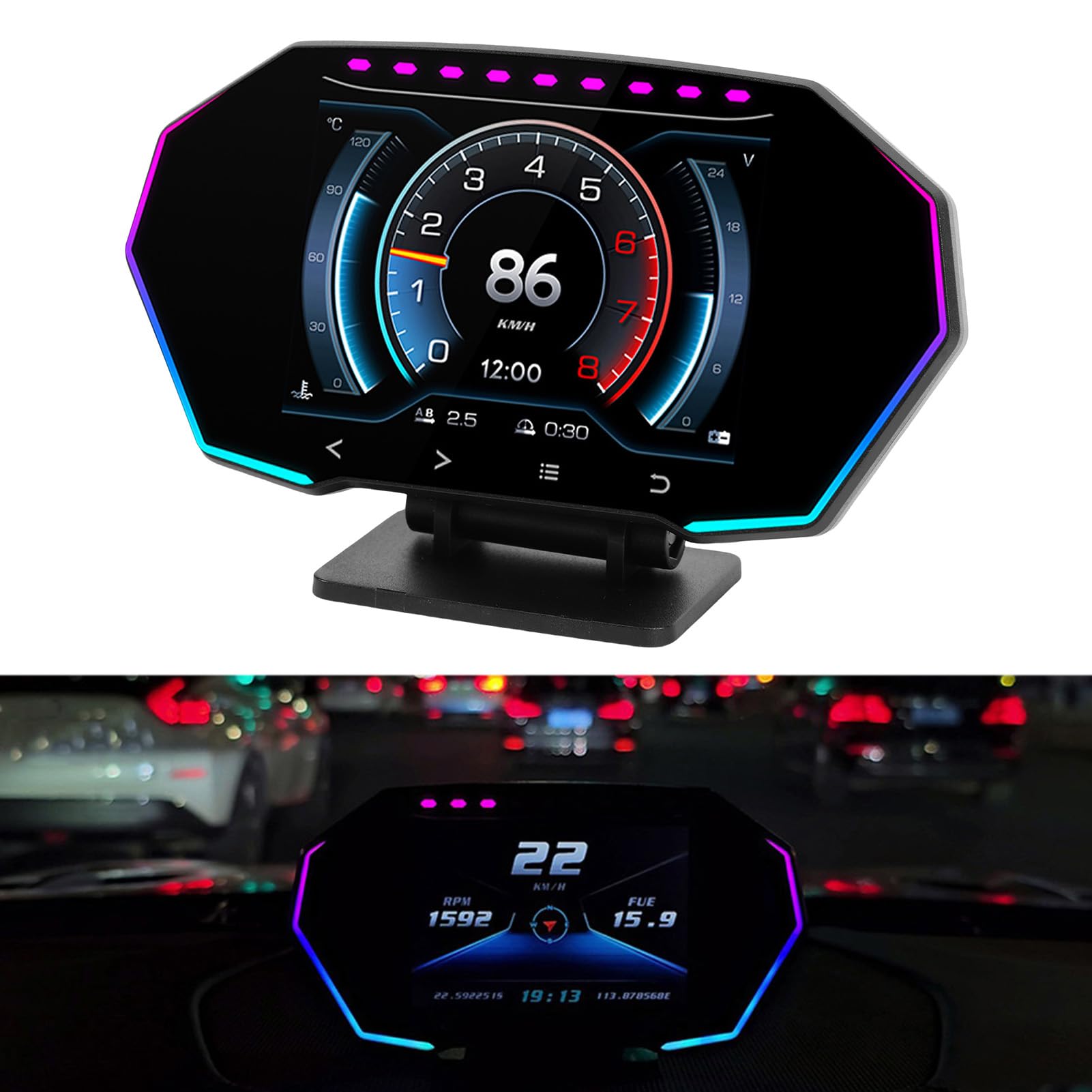 AMONIDA Wyświetlacz HUD Samochodu, Idealny do Pojazdów Benzynowych i Derv Po 1996 r., Prędkościomierz GPS OBD2, Wyświetlacz GPS OBD2 z Alertami Prędkości Obrotowej Pojazdu i Czujnikiem światła