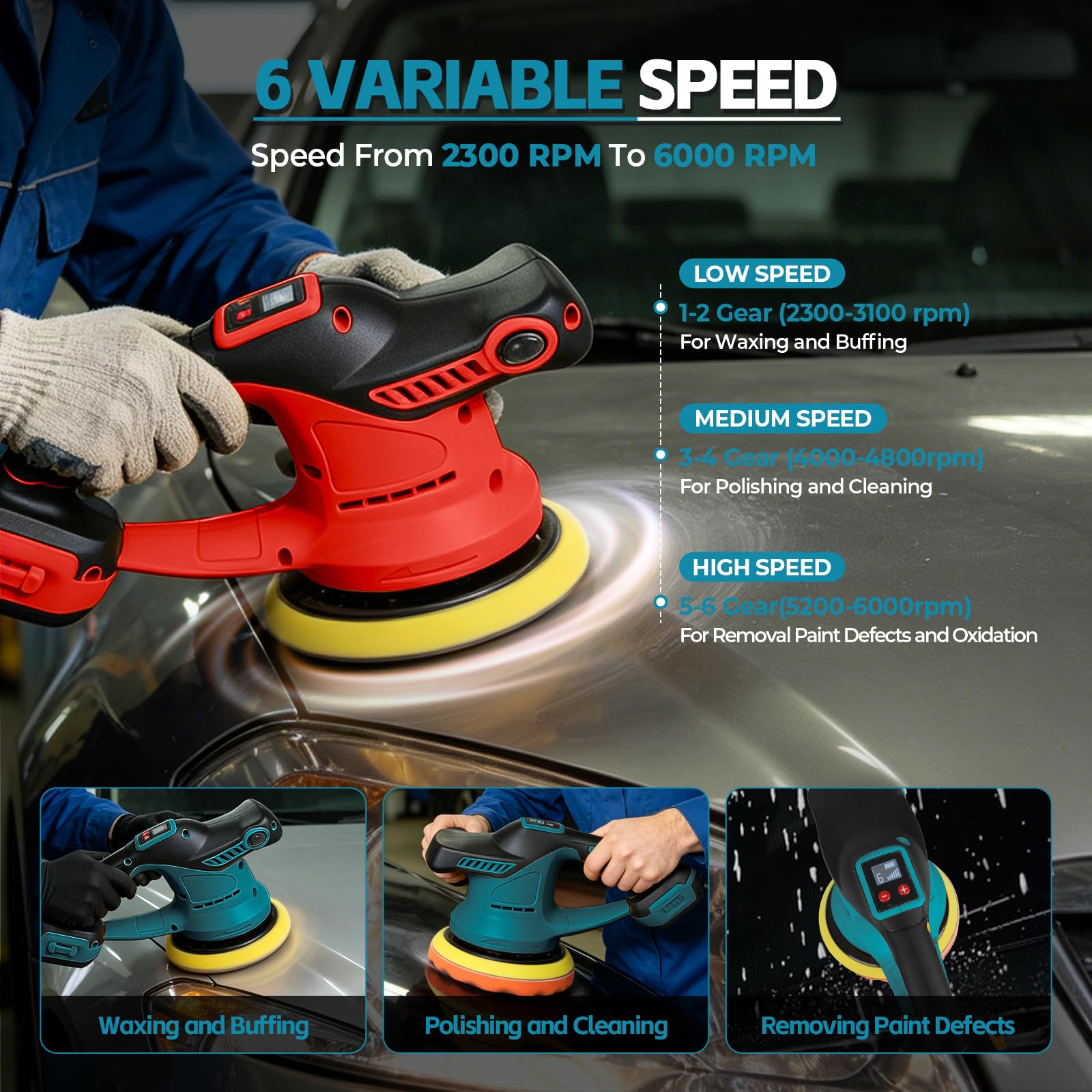 Lucidatrice auto per Makita 18 V, lucidatrice eccentrica senza spazzole da 15,2 cm, con velocità a 6 livelli fino a 6000 giri/min, per lucidatura, cera, trattamento auto (blu, per Makita)
