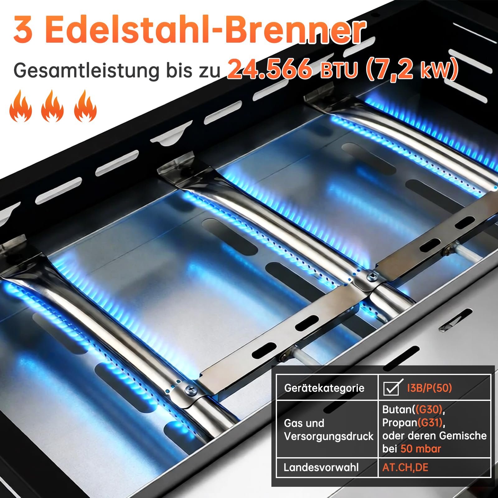 LIFERUN Tragbarer Tischgrill mit 3 Edelstahl-Brenner,Kompakter Gasgrill mit Deckel 7.2KW,Campinggrill mit Keramische Lackbeschichtung Grillplatte(58×35cm),Balkongrill für Terrasse,Garten,Picknick BBQ