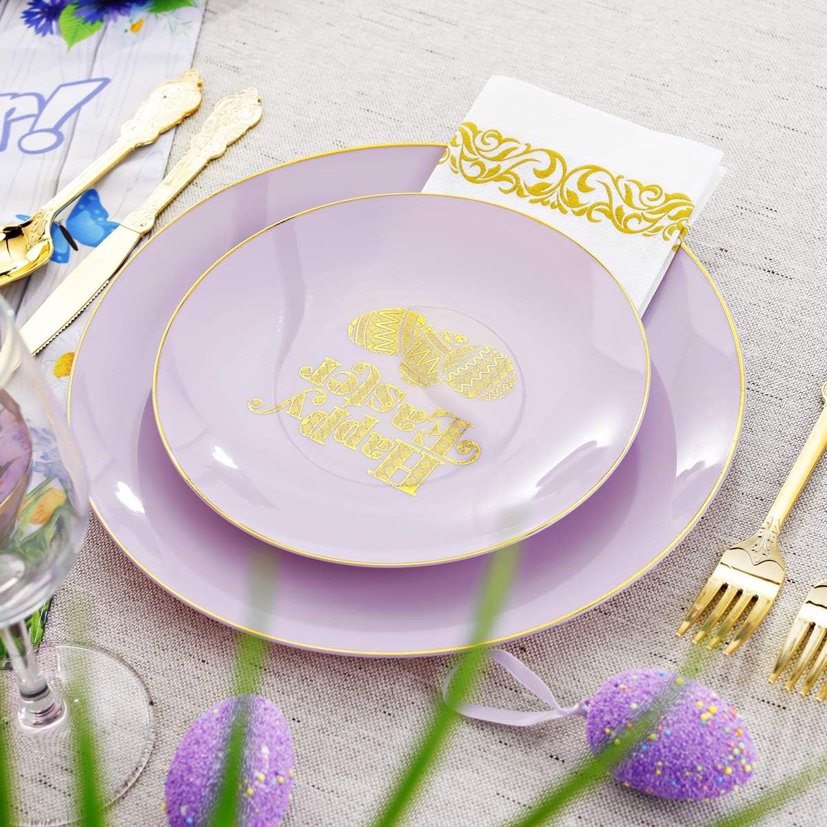 Nervure 150pcs Easter Plastic Plates - Purple and Gold Plates with Easter Egg - Purple Disposable Plates includes 50 Plastic Plates, 25 Knives, 25 Forks, 25 Spoons, 25 Cups for Party