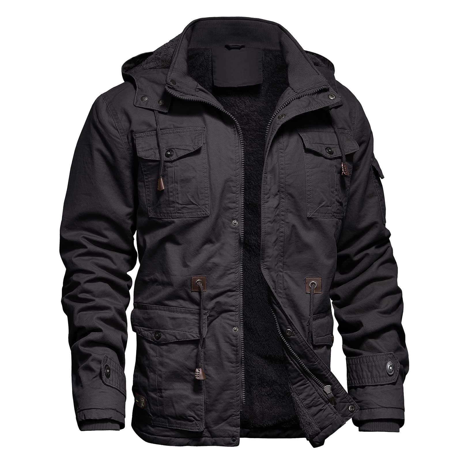 Mens Jacket Winter Casual Fleece Lined Cotton Thick Military Tactical Hooded Work Coats with Cargo Pockets