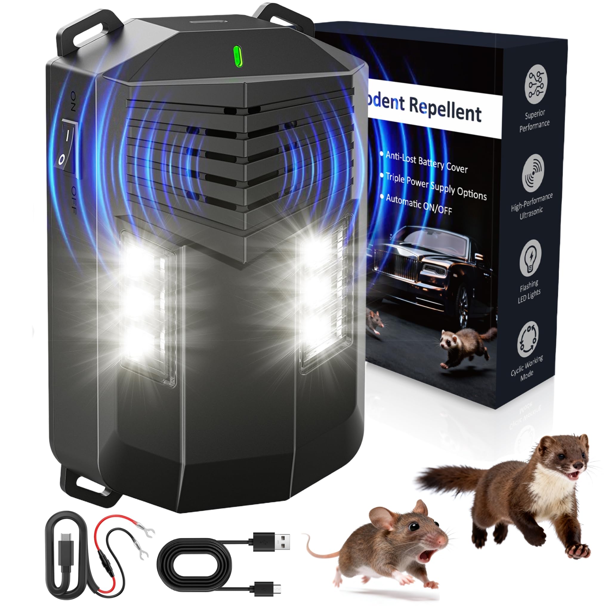 Marderschreck Auto Ultraschall Marderabwehr mit Blitzlicht, Mäuse Vertreiben Marderschreck Dachboden, Mäuseabwehr Batteriebetrieben mit 12V Autobatteriekabel&USB Effektiver, Mäuseschreck für Haus, KFZ