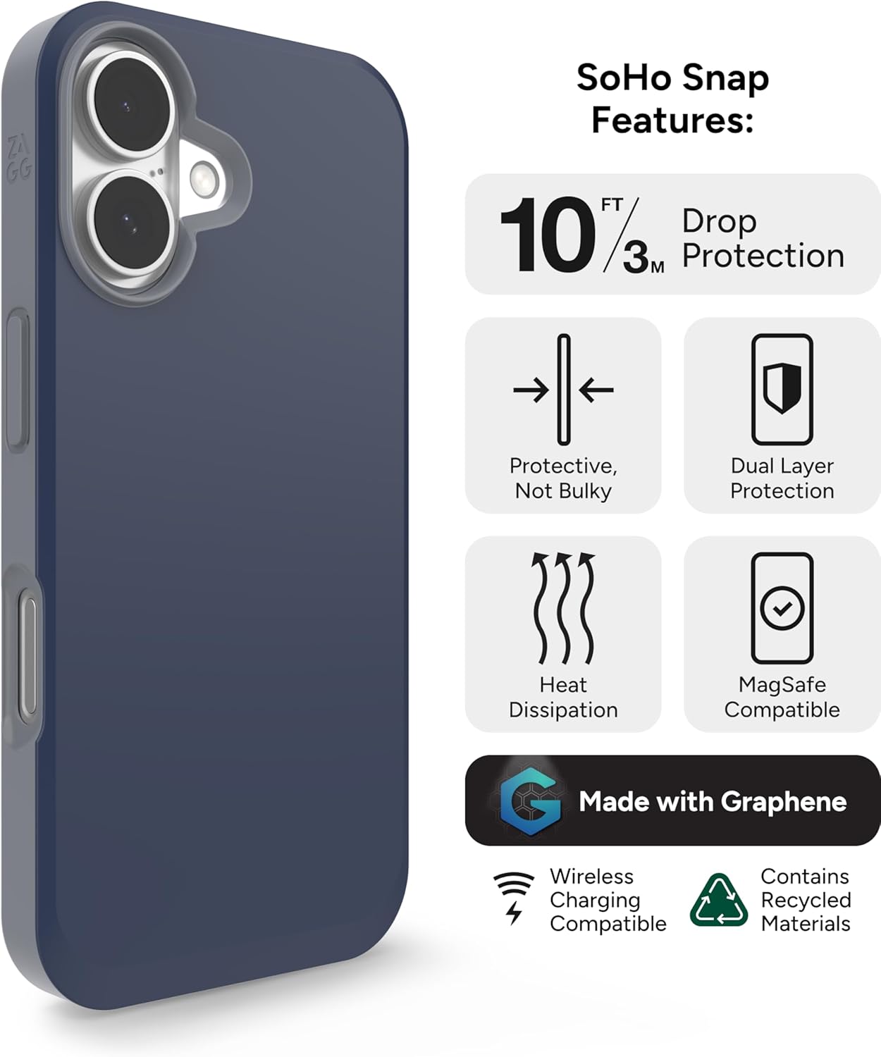 ZAGG SoHo Snap Case for iPhone 16 - MagSafe Compatible, 10ft Drop Protection, Graphene-Infused, Wireless Charging, Eco-Friendly, Two-Tone Design, Navy Blue Gray