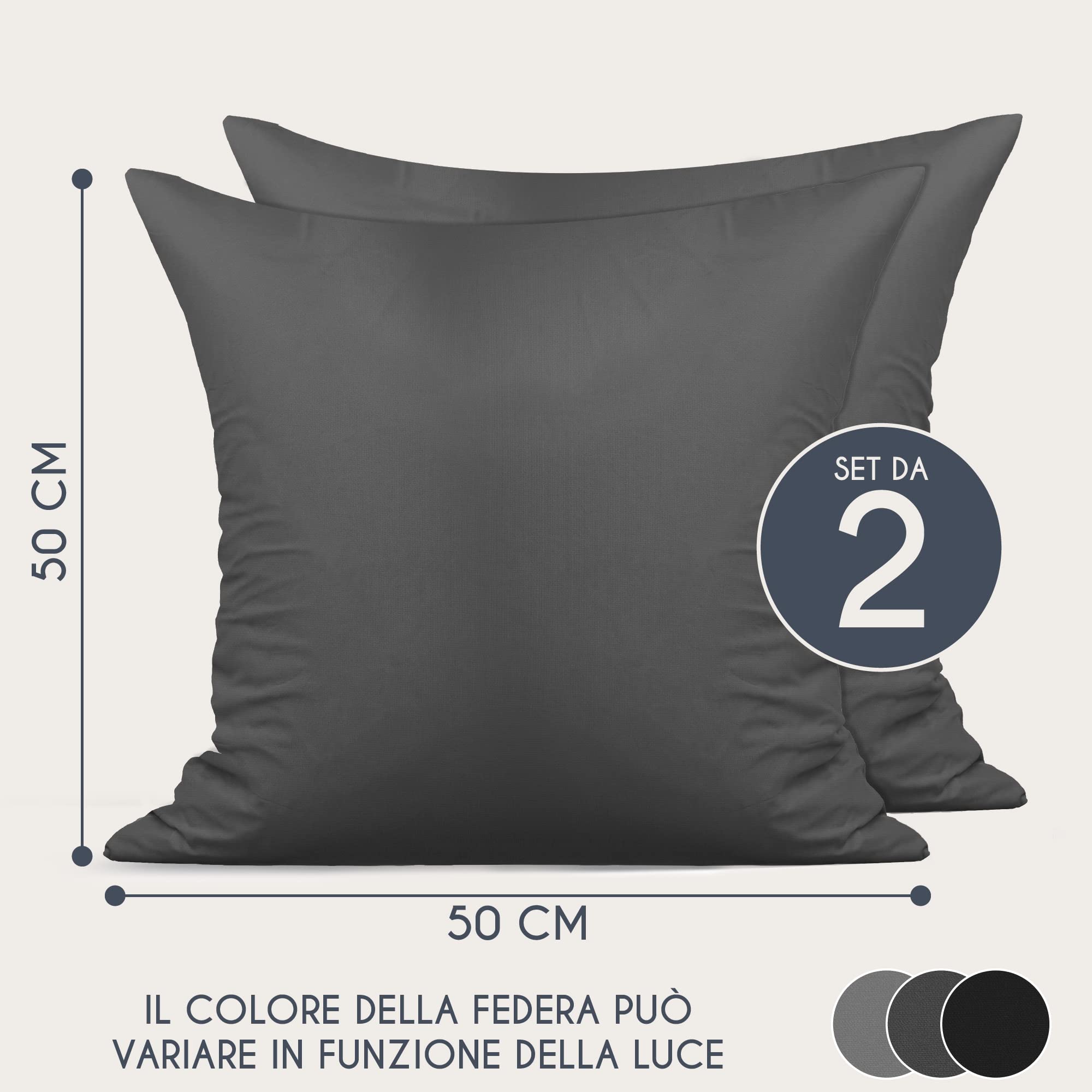 Federe 50x50 Cotone Rinforzato (Set da 2) - Antracite - Trama Fitta a 57 Fili/cm² - Federe Cuscini 50x50 cm - Federe Cuscino 50x50 Certificate Oeko Tex - Dreamzie