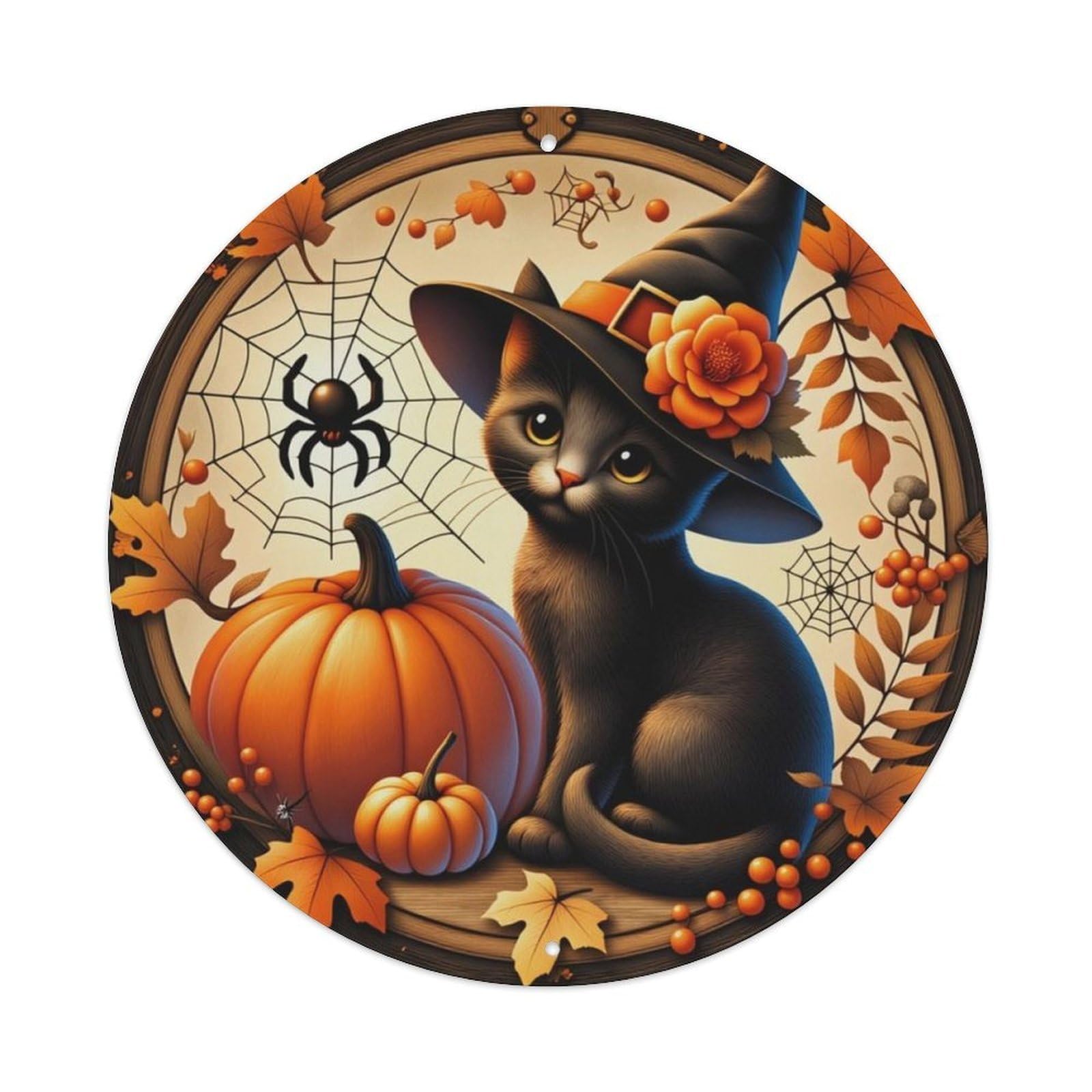 Halloween Witch Black Cat Pumpkin Round Decor Sign Vintage Aluminium Metal Sign, Retro Wall Decor for Home, Bar, Garage & Farmhouse 20x20cm